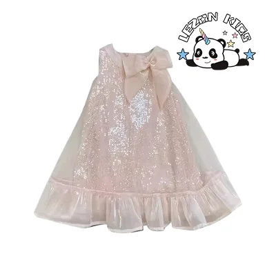 LEZONKIDS - Customize Kids Summer Sleeveless Dress 2023 New Girl Pink Bow Sequin Princess Dresses